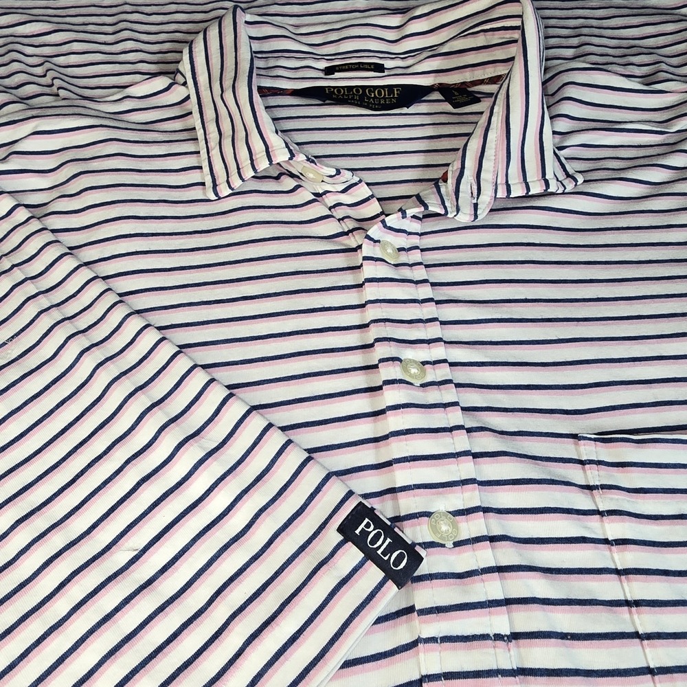 Polo Golf Ralph Lauren Mens Large L Polo Shirt Pink Blue Stripe Stretch Pocket